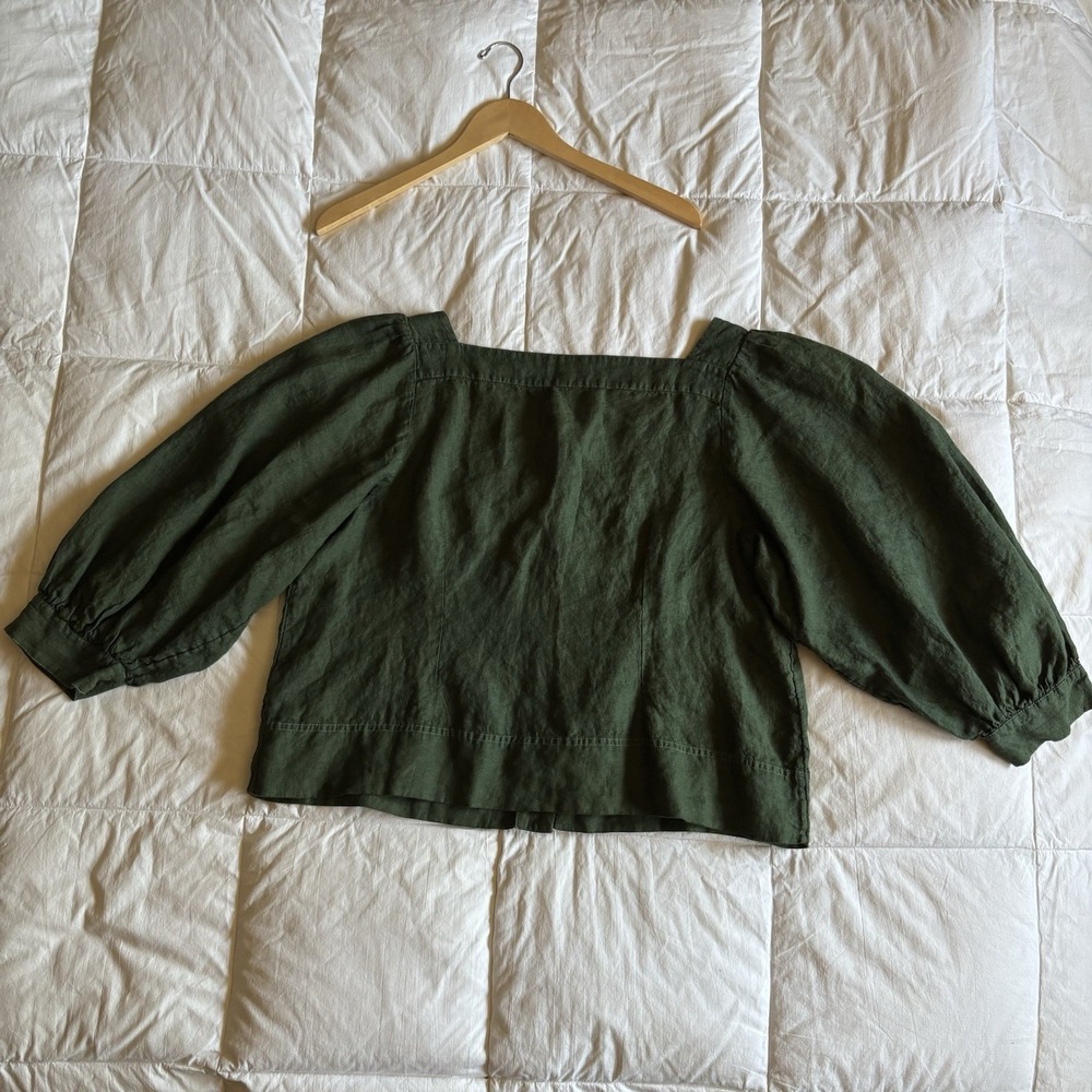 J Crew Square Neck Button Front Balloon Sleeve Linen Top Womens XXL Dark Green - Picture 5 of 14